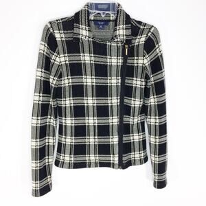 Chaps Womens‎ Size XS Knit Plaid Moto Jacket Black White Asymmetrical Zip Front